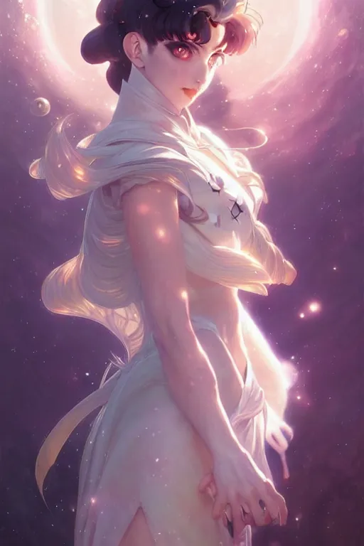 Image similar to Sailor Moon, fantasy, intricate, elegant, highly detailed, digital painting, artstation, concept art, matte, sharp focus, illustration, art by Artgerm and Greg Rutkowski and Alphonse Mucha