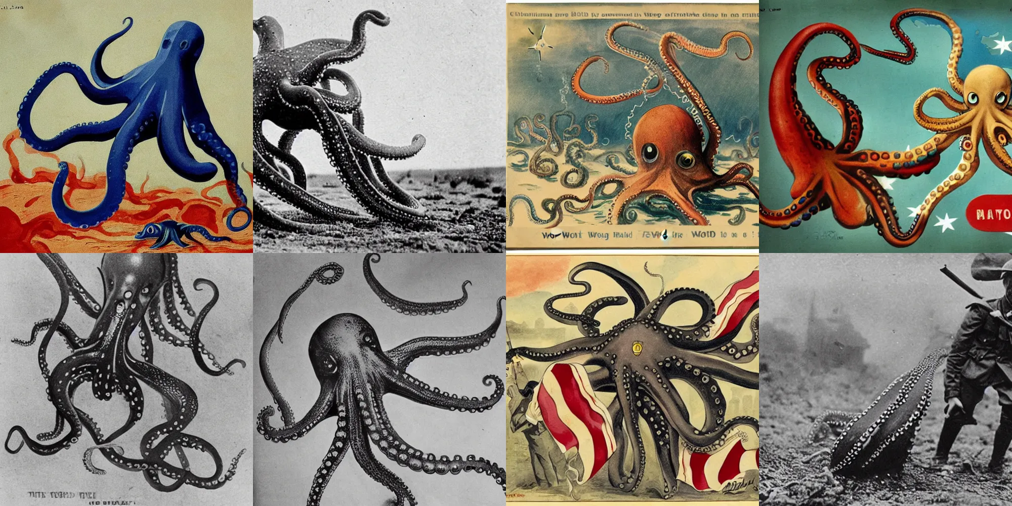 Prompt: a patriotic british octopus fighting in world war i