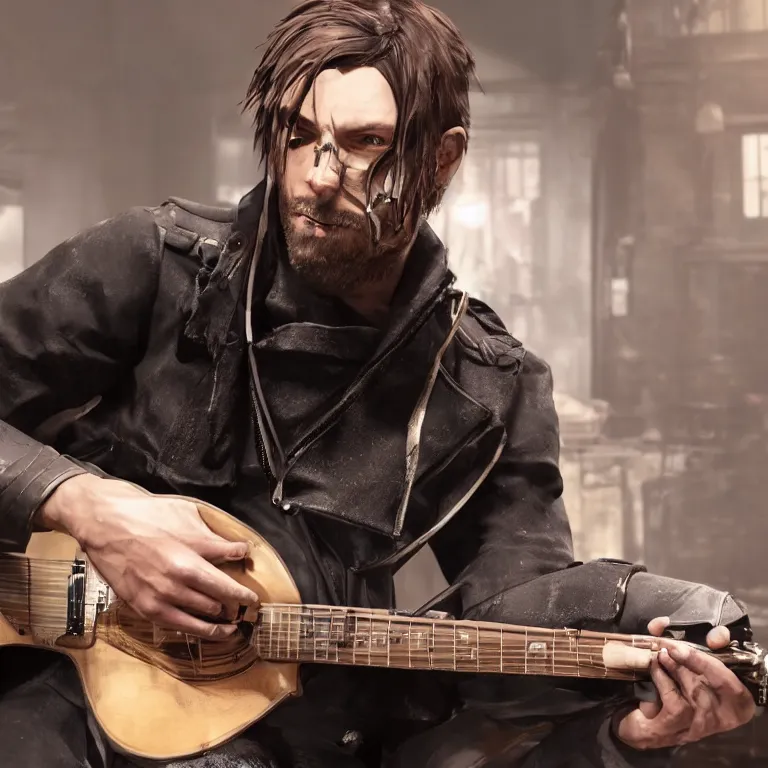 Prompt: corvo attano from dishonored game plays guitar, official music video, shot on sony a 7, studio recording