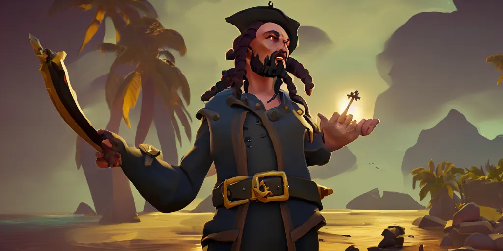 Image similar to portrait of a sea of thieves character holding a key, sea of thieves screenshot, storm, unreal engine, digital art