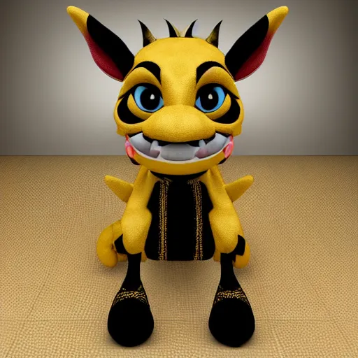 Image similar to a cute fumo plush dragon imp in a traditional patterned black and gold lined uniform, gothic, vray