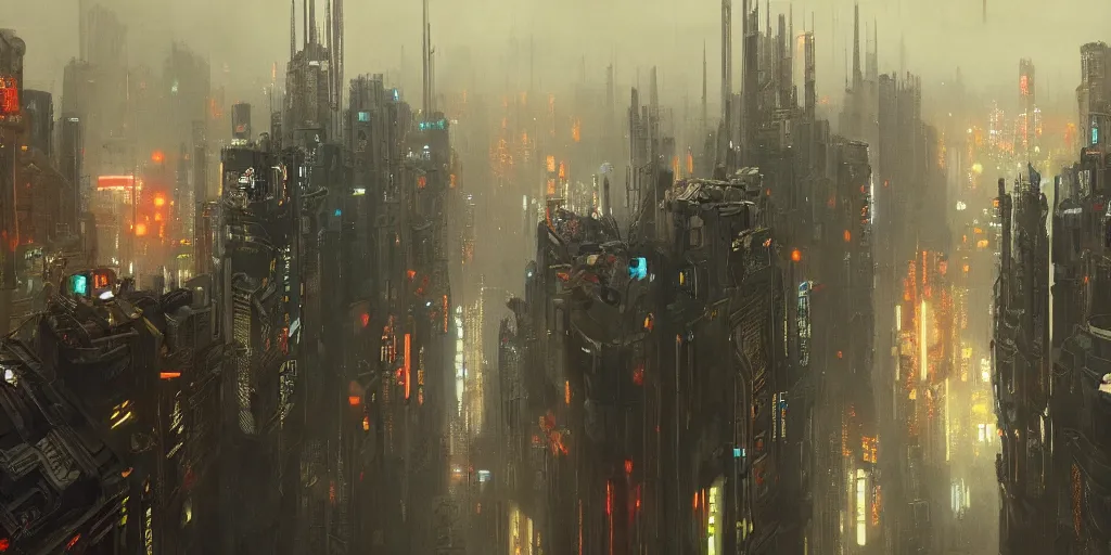 Prompt: a painting of a cinematic keyframe of a cyberpunk dystopian city, blade runner like seen from above, cenital shot, by greg rutkowski, rule of thirds, golden ratio, ambient lighting, wlop, artgerm, artstation, highly detailed masterpiece, dark fantasy art, high detail, trending on artstation
