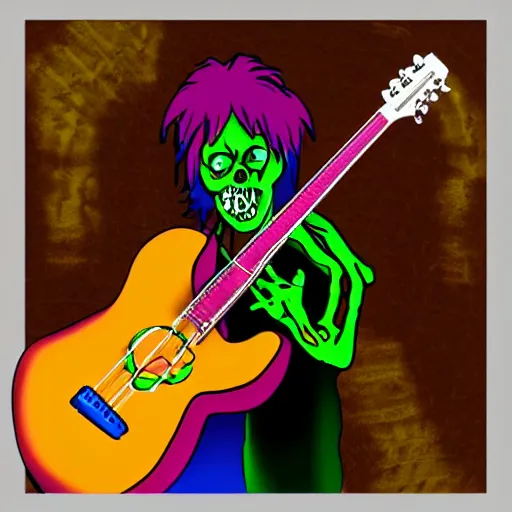 Prompt: Brightly colored zombie on stage, playing guitar in a metal band, digital art
