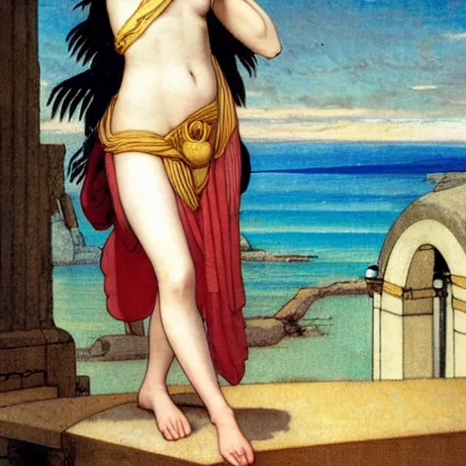 Image similar to A girl with ancient greek clothes on the front of a Balustrade with a beach on the background, major arcana, a colab between studio ghibli and paul delaroche, hyperrealistic