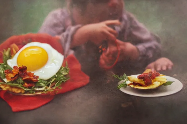 Image similar to painting of a pre - raphaelite spider - man eating fried eggs and bacon, 5 0 mm lens, f 1. 4, sharp focus, ethereal, emotionally evoking, head in focus, volumetric lighting, blur dreamy outdoor,