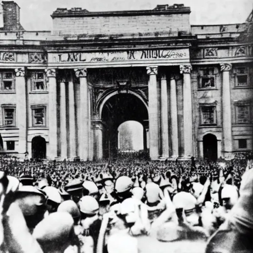 Image similar to black and white photograph of adolf hitler at the triumphal arch victorious after winning the 2 nd world war, while enslaved and chained blacks are seen through the streets under the watchful eye of nazi troops