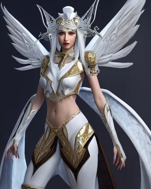 Prompt: perfect white haired egyptian goddess wearing white dove wings, warframe armor, regal, attractive, ornate, sultry, beautiful, ice queen, half asian, pretty face, blue eyes, detailed, scifi platform, 4 k, ultra realistic, epic lighting, illuminated, cinematic, masterpiece, art by akihito tsukushi, voidstar