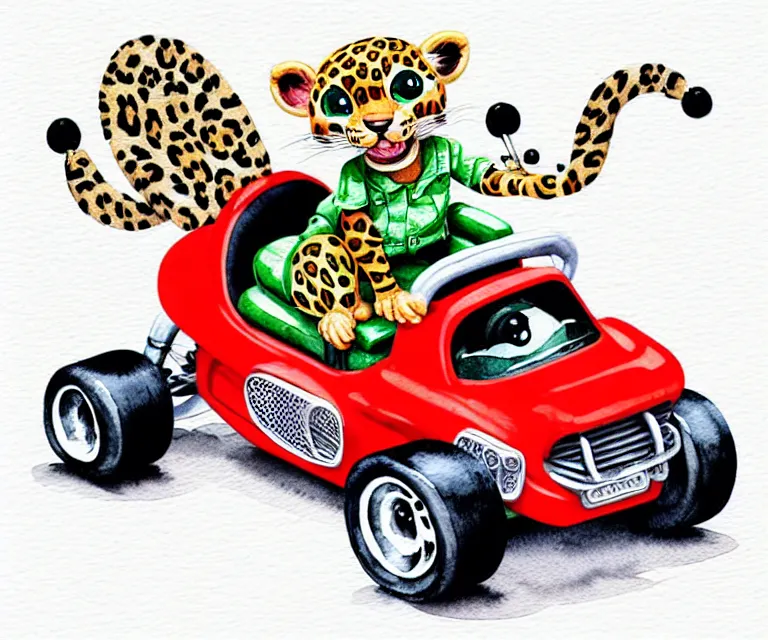 Image similar to cute and funny, baby leopard riding in a tiny go kart with oversized engine, ratfink style by ed roth, centered award winning watercolor pen illustration, isometric illustration by chihiro iwasaki, edited by range murata, tiny details by artgerm and watercolor girl, symmetrically isometrically centered