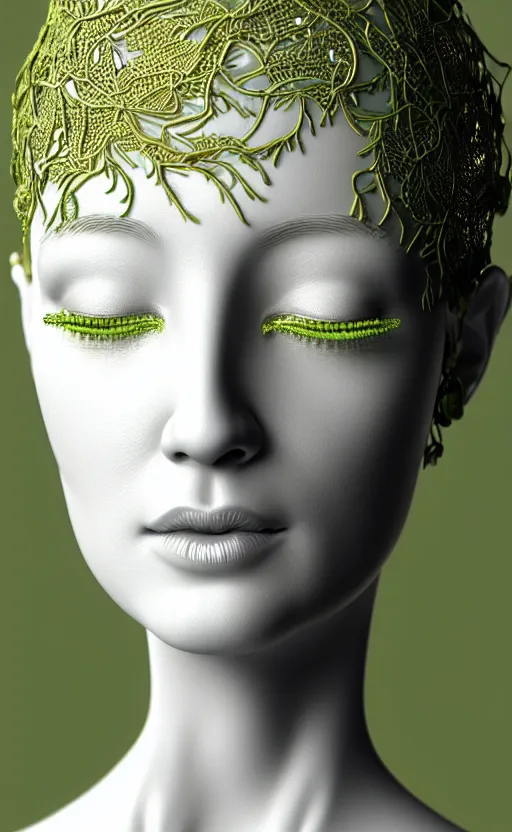 Image similar to ultra detailed complex 3d render of a beautiful porcelain profile woman face, hazel eyes, vegetal dragon cyborg, 150 mm, beautiful natural soft light, rim light, silver gold metallic details, magnolia soft lime green big leaves and stems, moss, roots, fine lace, maze like, mandelbot fractal, anatomical, facial muscles, cable wires, microchip, elegant, white metallic armour, octane render, black and white, H.R. Giger style