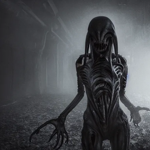 Prompt: beautiful xenomorph girl in the style of giger, ground fog, moody lighting, 8 k, lightning, shallow depth of field, cinematic lighting,