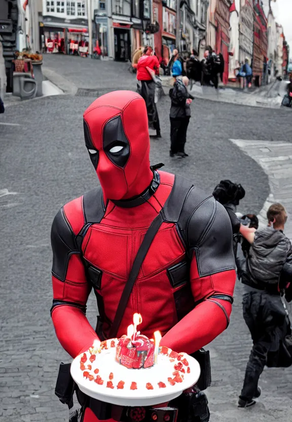 Prompt: still film, deadpool holding a birthday cake with a candle in the middle, on a street in bergen norway, high resolution, a birthday card