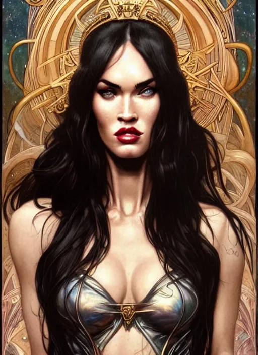 Image similar to megan fox as the goddess of chaos!! intricate elegant, highly detailed, digital painting, artstation, concept art, smooth, sharp focus, illustration, art by ( ( ( artgerm ) ) ) and greg rutkowski! and ( ( alphonse mucha ) ), heavily influenced by frank frazetta and boris vallejo