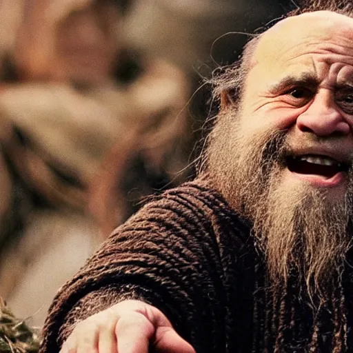 Prompt: movie still of danny devito starring as gimli in the 2 0 2 3 lord of the rings movie, full body, hyper realistic, high quality