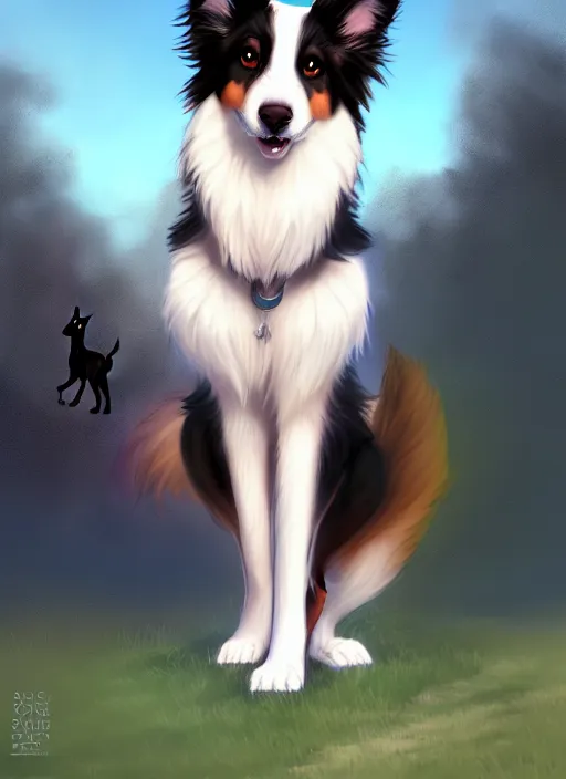 Prompt: wide angle beautiful full body portrait of a cute anthropomorphic anthro male border collie fursona with two legs posing in front of a park, character design by charlie bowater, henry asencio, and ross tran, furry art, furaffinity, scenic background, beautiful, glamor pose, detailed, aesthetic, trending on artstation