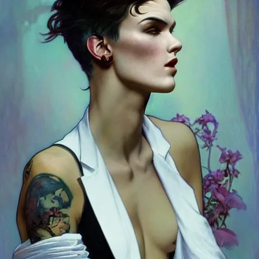 Image similar to beautiful portrait of androgynous ruby rose as desire from sandman in a white tuxedo!!!, rockabilly style, by alphonse mucha, cedric peyravernay, by jeremy mann, by frank moth, white suit and black tie, soft lightning, high detailed, 8 k