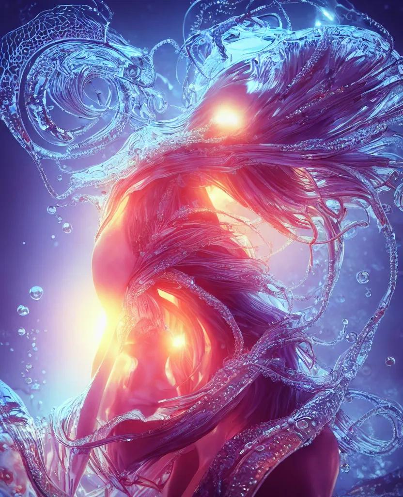 Image similar to close-up macro portrait of the face of a beautiful princess, epic angle and pose, symmetrical artwork, 3d with depth of field, blurred background, cybernetic jellyfish female face skull phoenix bird, translucent, nautilus, energy flows of water and fire. a highly detailed epic cinematic concept art CG render. made in Maya, Blender and Photoshop, octane render, excellent composition, cinematic dystopian brutalist atmosphere, dynamic dramatic cinematic lighting, aesthetic, very inspirational, arthouse. y Greg Rutkowski, Ilya Kuvshinov, WLOP, Stanley Artgerm Lau, Ruan Jia and Fenghua Zhong