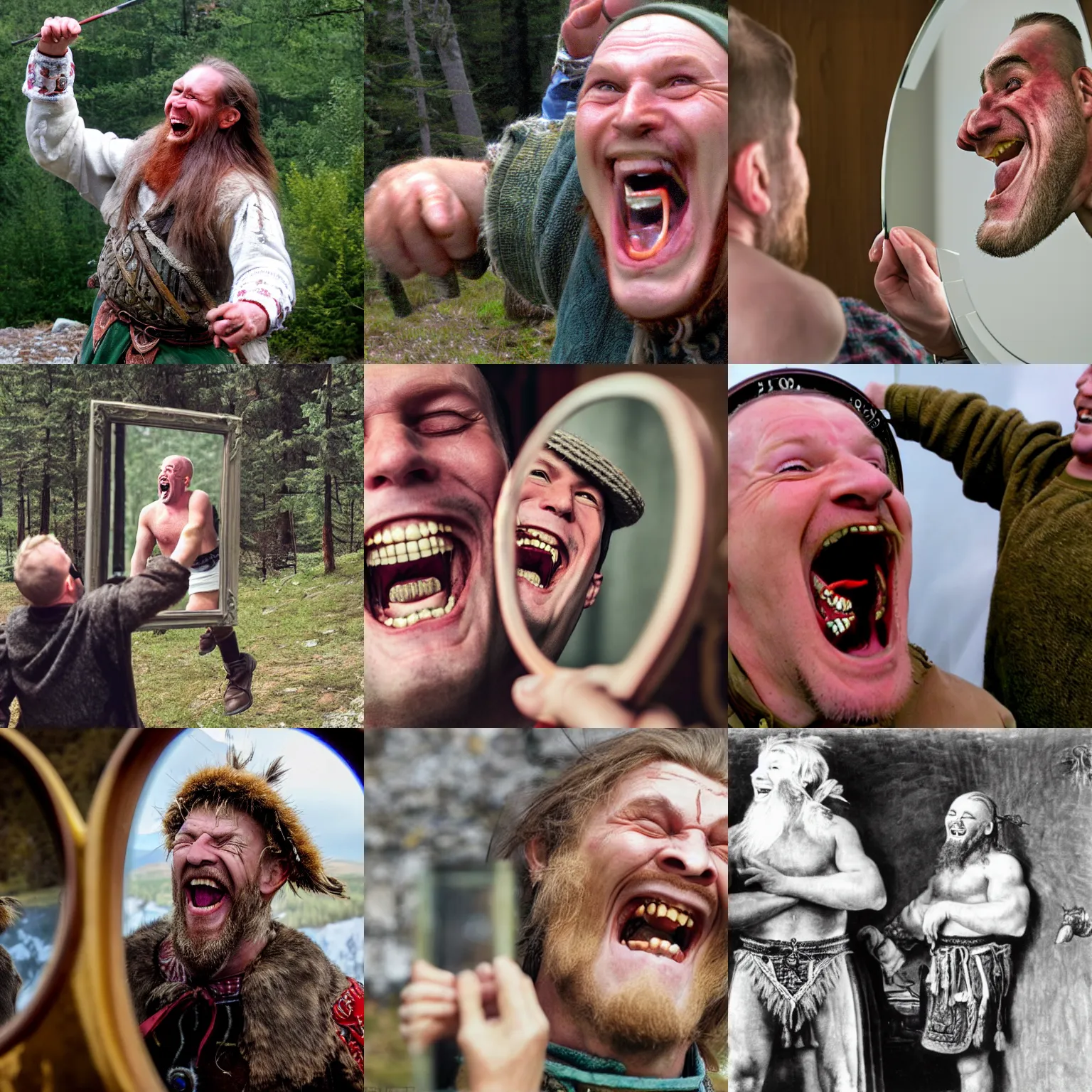 Prompt: Podhale highlander from Poland laughing maniacally at the sight of a mirror