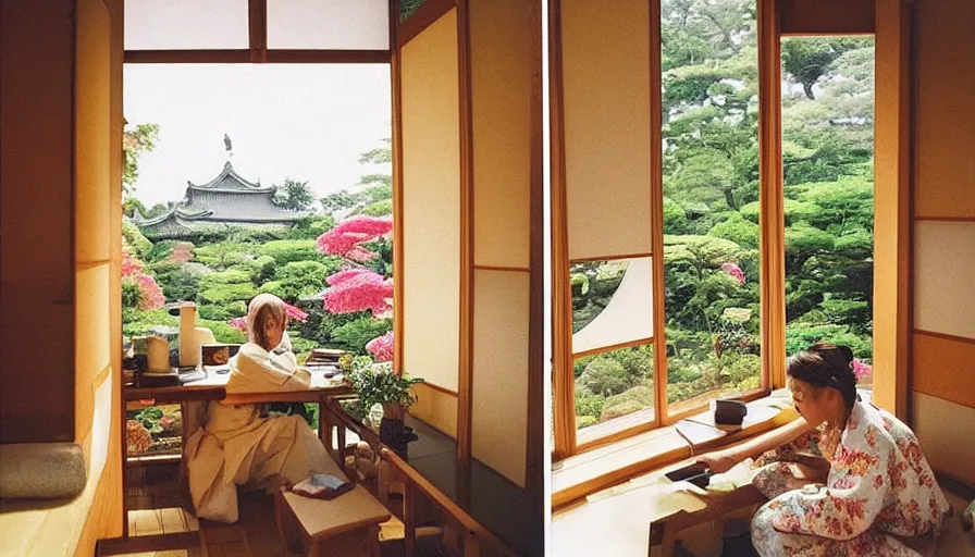 Image similar to 1 9 9 0 s candid 3 5 mm photo of a beautiful day in the a dreamy japanese flowery cottage designed by gucci, cinematic lighting, cinematic look, golden hour, a desk for flower arrangements and journaling has sun shinning on it through a window, temple in the distance, photographed by petra collins, uhd