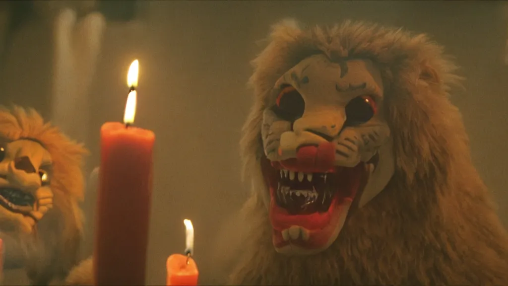 Prompt: Simba with sharp teeth grinning maniacally, a satanic ritual with candles and a pentagram, movie screenshot directed by David Fincher, and cinematography by Roger Deakins. Shot from a low angle. Cinematic. 24mm lens, 35mm film, Fujifilm Reala, f8