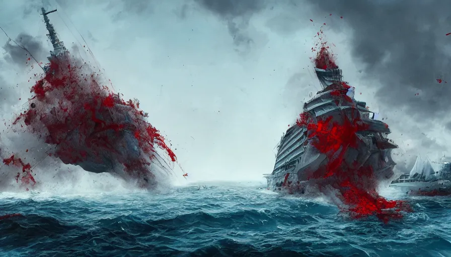 Image similar to cruise ship sinking in blood sea, hyperdetailed, artstation, cgsociety, 8 k