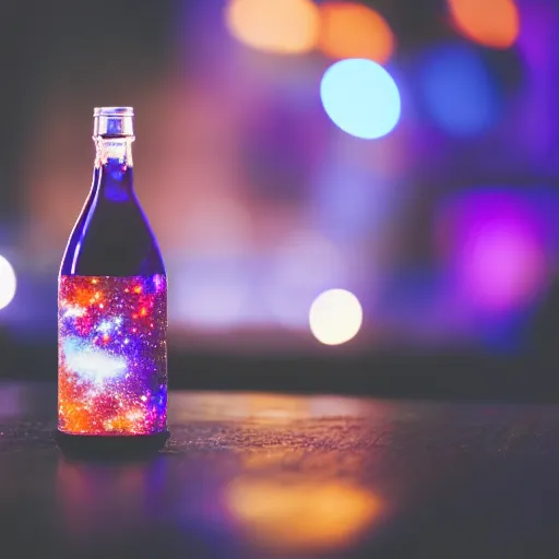 Prompt: a bottle filled with vibrant galaxy is sitting on a table, clear focus, bokeh effect, high res, hasselblad, dslr, professional, cinematic