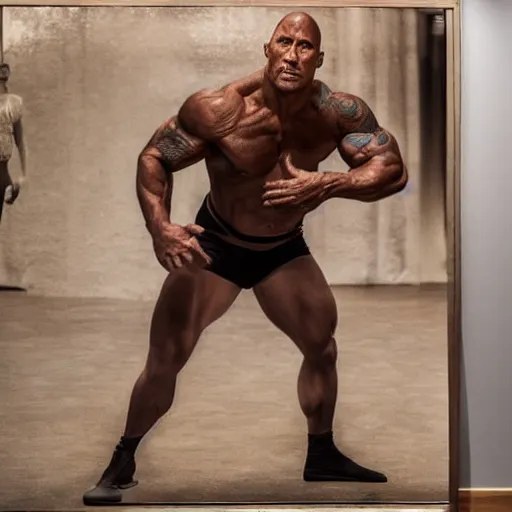 Image similar to Full-Body Portrait of Dwayne Johnson malnourished in front of a Ballet mirror, 4K quality, super-realistic