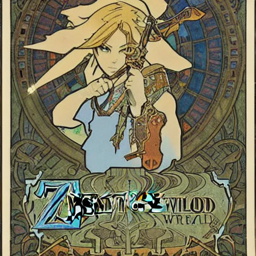 Image similar to a painting of the legend of zelda : breath of the wild by mucha