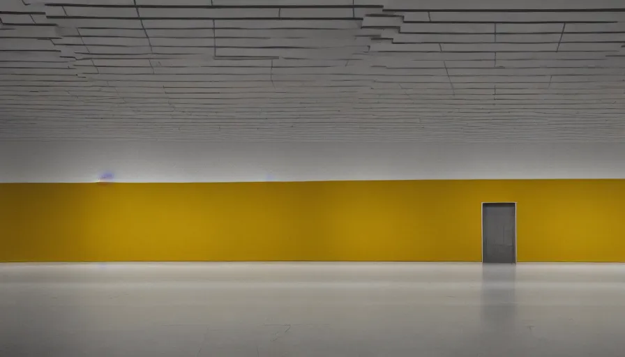 Image similar to 60s movie still of a sovietic stalinist style empty art museum with a soviet congress with yellow wall, eastmancolor, liminal Space style, heavy grain