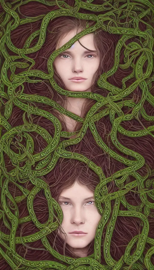 Image similar to very detailed portrait of a 2 0 years old girl surrounded by tentacles, the youg woman visage is blooming from fractal and vines, by andre francois