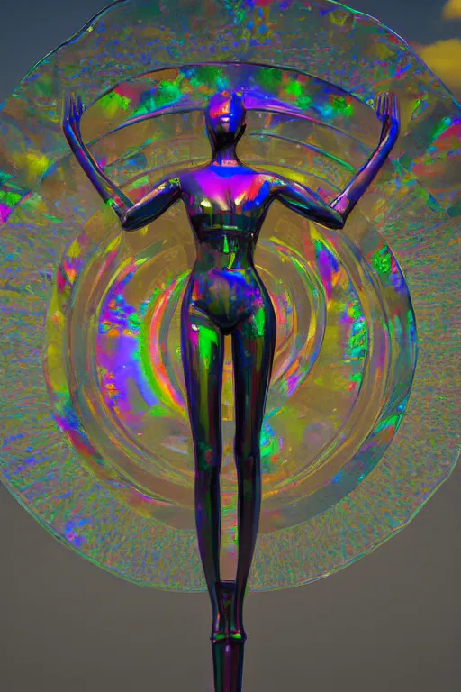 Prompt: geometric mathematical shaped metal sculpture with ornate crystal glass elements reflecting rainbows into iridescent patterns, female figure within the sculpture with her arms towards the sky, sun shining down upon the scene, beeple, style of jack storms, octane render, 4 k, intricate, detailed, 3 d