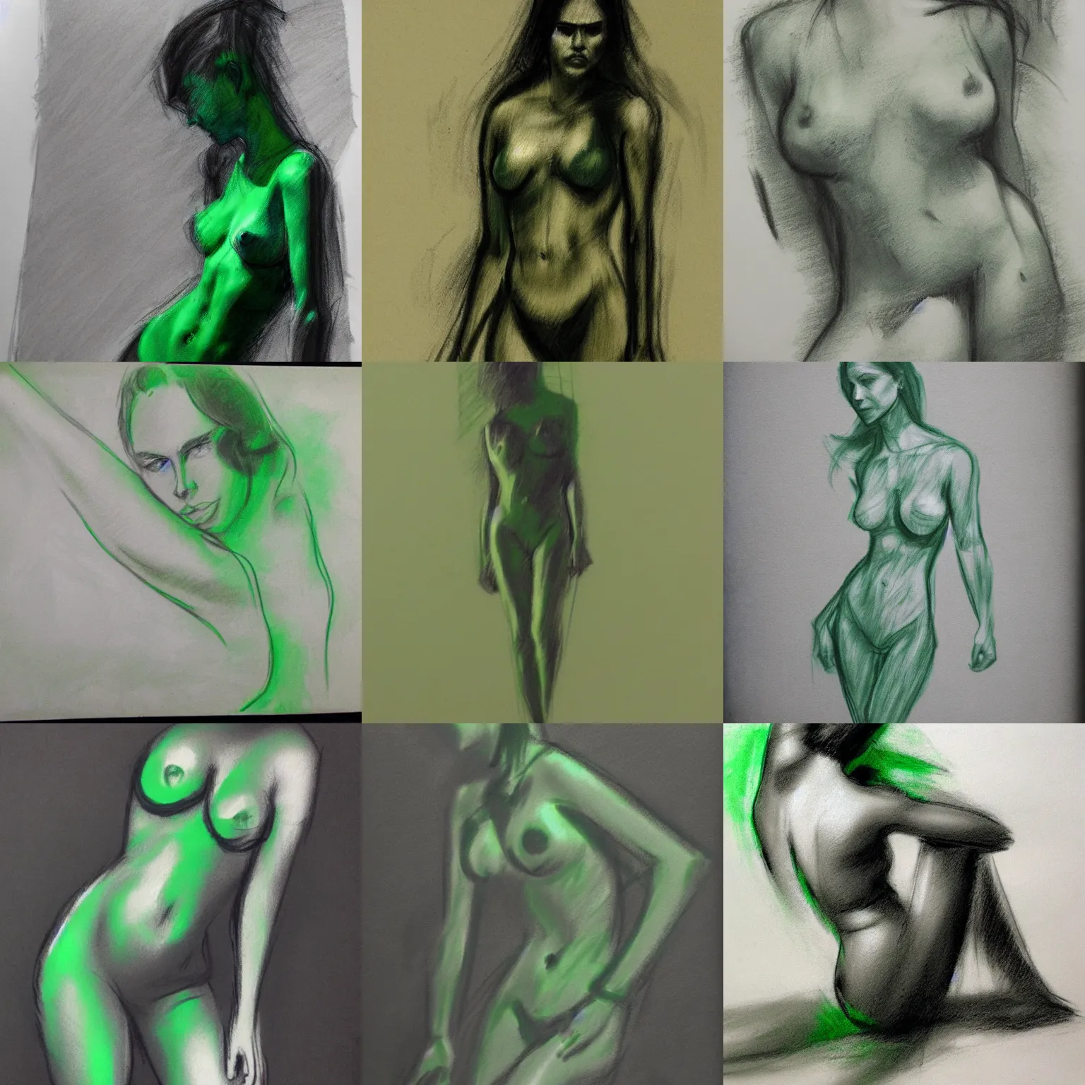 Prompt: abstract charcoal sketch, green shades, female body, artstation