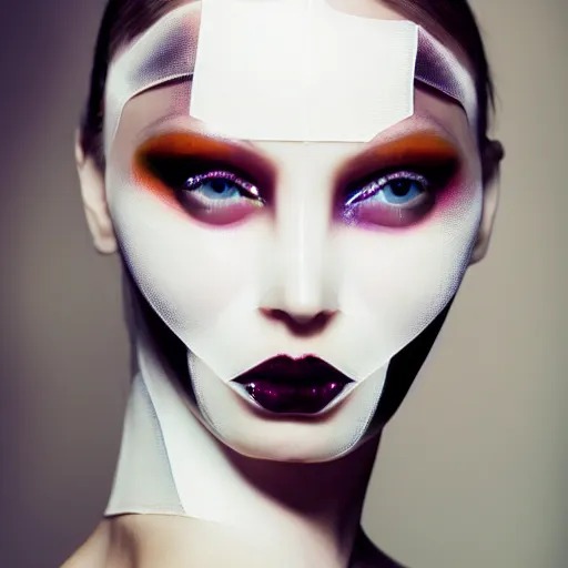 Image similar to high fashion photography of a model in neo futurism white sci - fi makup, transparent cloth, beautifully lit