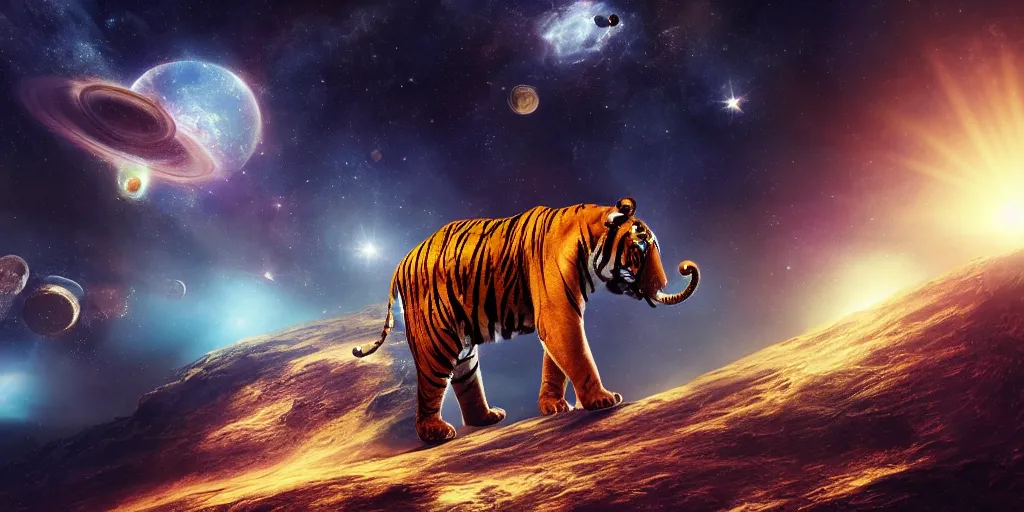 Image similar to planet - sized tiger elephant in space, next to the sun and stars, very wide shot, epic composition, hyper detailed, digital art, trending in artstation, cinematic lighting, studio quality, unreal engine 5 rendered, art style by klimt and nixeu and ian sprigger and wlop and krenz cushart