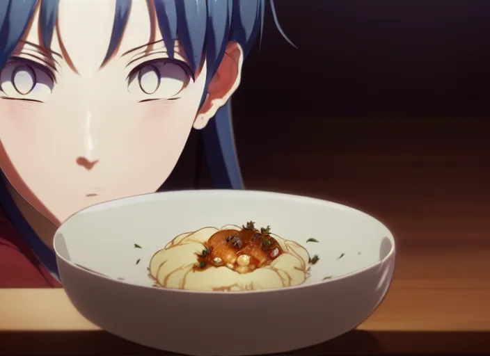 Prompt: a film still portrait of a bowl with raviolli, finely detailed features, closeup at the food, perfect art, at a dinner table, gapmoe yandere grimdark, trending on pixiv fanbox, painted by greg rutkowski makoto shinkai takashi takeuchi studio ghibli, akihiko yoshida