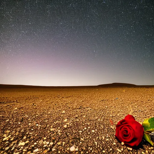 Image similar to a red rose is growing in the middle of the desert. beautiful starry sky can be seen in the background. 8 5 mm shot.