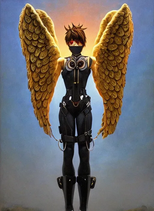 Image similar to full body artwork of tracer overwatch wearing leather collar in style of zdzisław beksinski, angel wings, dramatic painting, symmetrical composition, wearing detailed leather collar, black shiny armor, chains, black harness, detailed face and eyes,