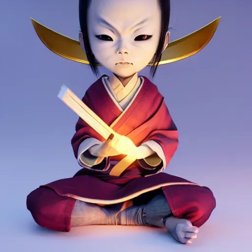 Prompt: a tiny adorable demonic samurai meditating, wrapped in sacred parchment with glowing text, substance 3 d painter, cinematic, hyper realism, high detail, octane render, unreal engine, 8 k, high contrast, art by shintaro kago and moebius, overwatch character, aperture f 2. 8