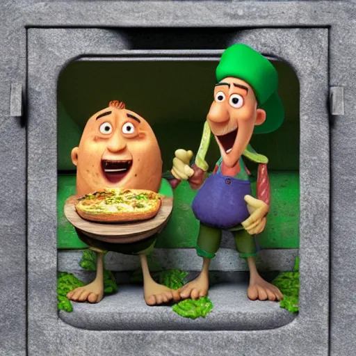 Image similar to cabbages character and king cooking pizza in a wood fired oven, highly detailed 3 d render, funny, pixar