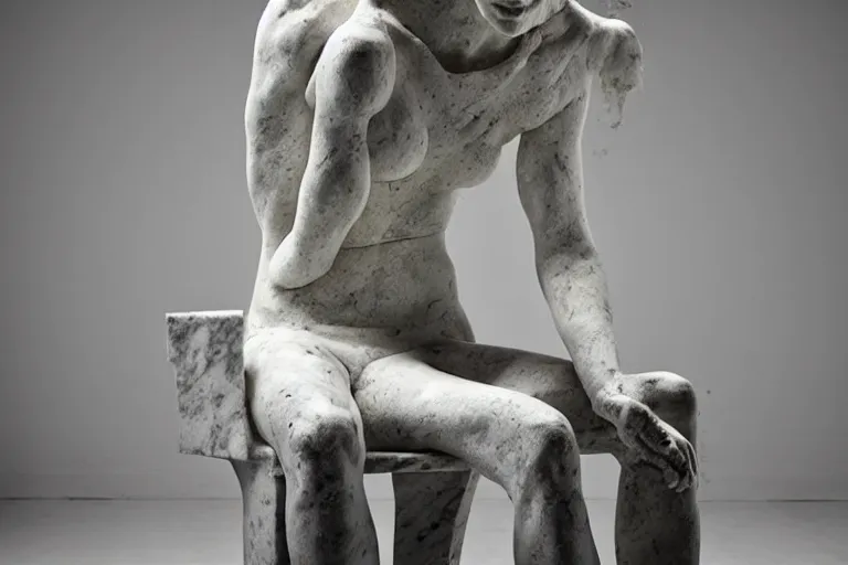 Image similar to a sculpture of a person sitting on top of a chair, a white marble sculpture by nicola samori, behance, neo - expressionism, marble sculpture, apocalypse art, made of mist