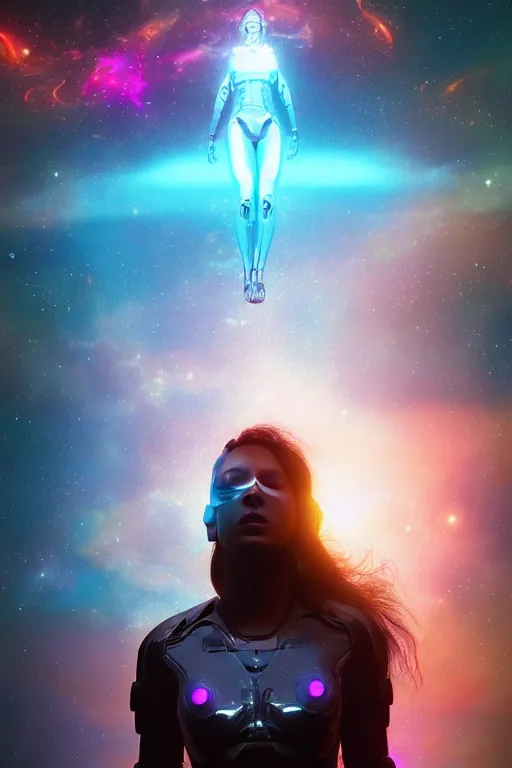 Image similar to woman cyborg floating in space letting go of reality and experiencing the quantum feild, matte painting comic book art, cinematic, highly detailed, realistic, beautiful cosmic neural network, octane render, unreal engine, depth of field, trending on artstation, sharp focus, philosophical splashes of colors