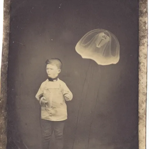 Image similar to tintype photo, boy circus tent, underwater, jellyfish