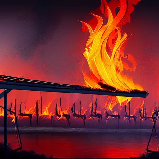 Image similar to in the lower part of the picture is the harp burning in the fire, above are cranes flying in flames, digital painting, concept art