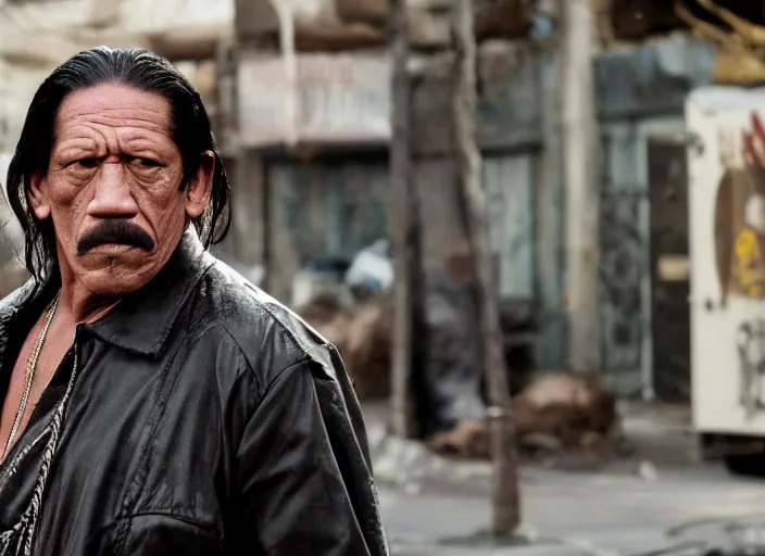 Image similar to film still of Danny Trejo roaming the dirty streets in the new Deathwish, 4k