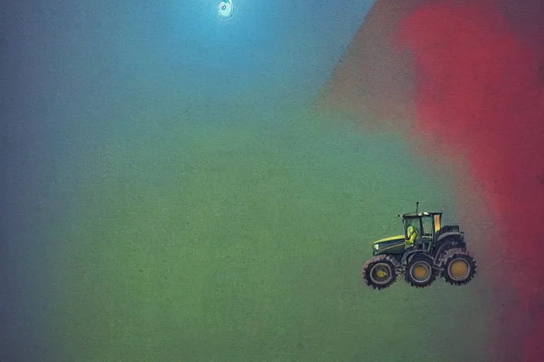 Prompt: john deere harvester, art by beksinski and pauline baynes, trending on artstation, iridescent cool blue and cyan and red and blue and yellow and green lighting camera view from above surrealism, very very intricate, concept art, fisheye lens, situationist international