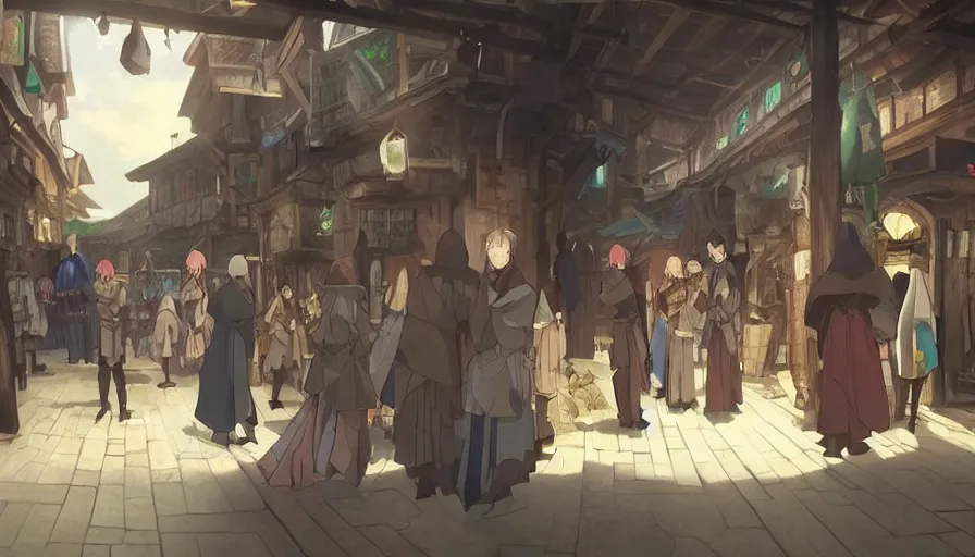 Image similar to “Ais-Wallenstein” at dawn in an medieval isekai market • cinematic anime screenshot by the Studio JC STAFF