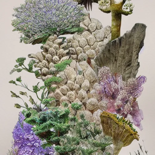 Prompt: delicate coastline mountain garden on paper, stony, puffy, botanical herbarium, botanic watercolors, iridescent, 8 k wide angle, realistic shaded, fine details, artstation, italian, colonnade, oak tree, pinecone, pomegranade, hydrangea, vines, gardena architecture, pompeian