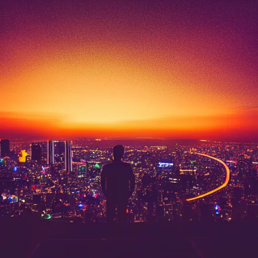 Prompt: silhouette of man in front of nighttime Tokyo city skyline, neon colors, beautiful photography, 8K