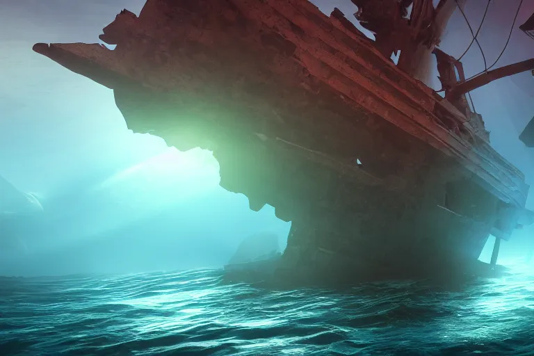 Prompt: a shipwreck on the seafloor in the depths of the ocean, volumetric sun rays, atmospheric immersive painting