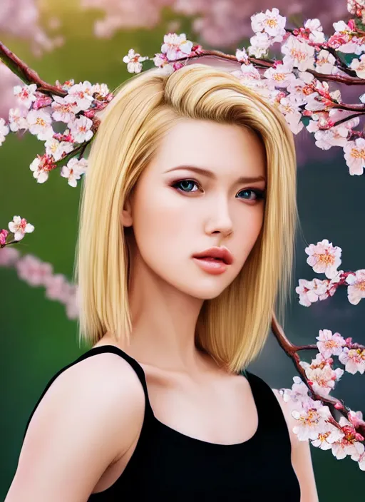 Image similar to photo of a gorgeous blonde female in the style of stefan kostic, realistic, half body shot, sharp focus, 8 k high definition, insanely detailed, intricate, elegant, art by stanley lau and artgerm, extreme blur cherry blossoms background