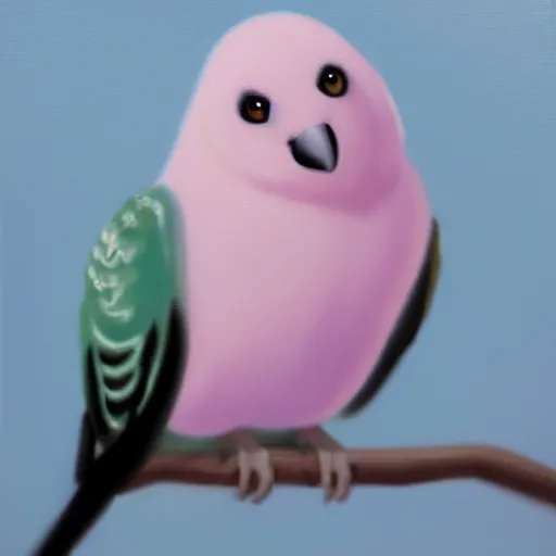 Image similar to an oil painting of a pale pink budgie with black spots, full hd, ue5, ue4, unreal engine 5, artstation